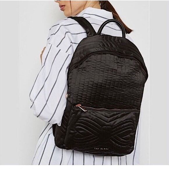 Ted Baker Akija Satin Black Quilted Bow Backpack Rose Gold Hardware - Picture 1 of 11